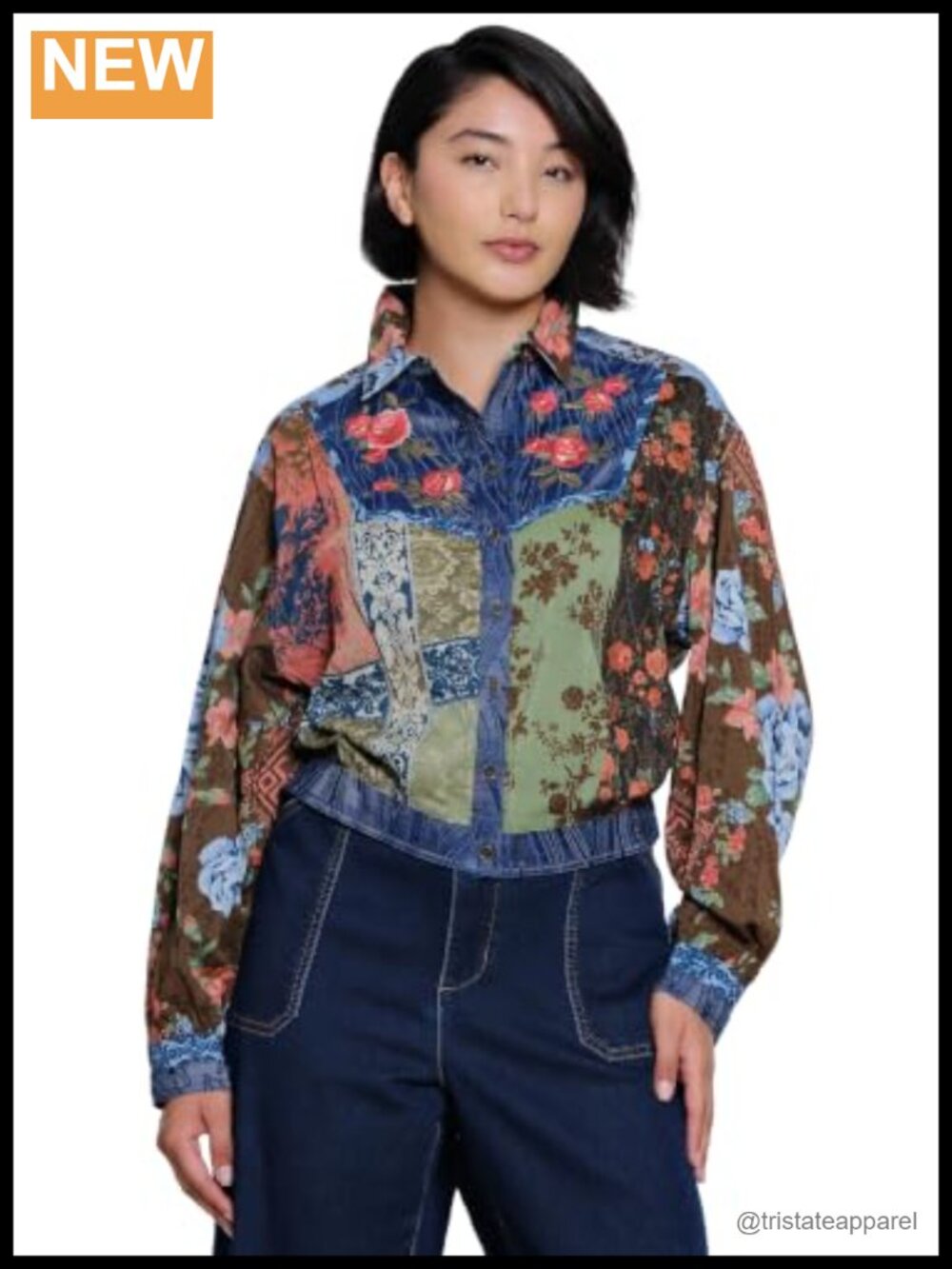 Woven Multi Print Cuffed Long Sleeve Button Down Blouse with Embroidery